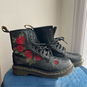 Dr. Martens Black Boots with Red Floral Embroidery